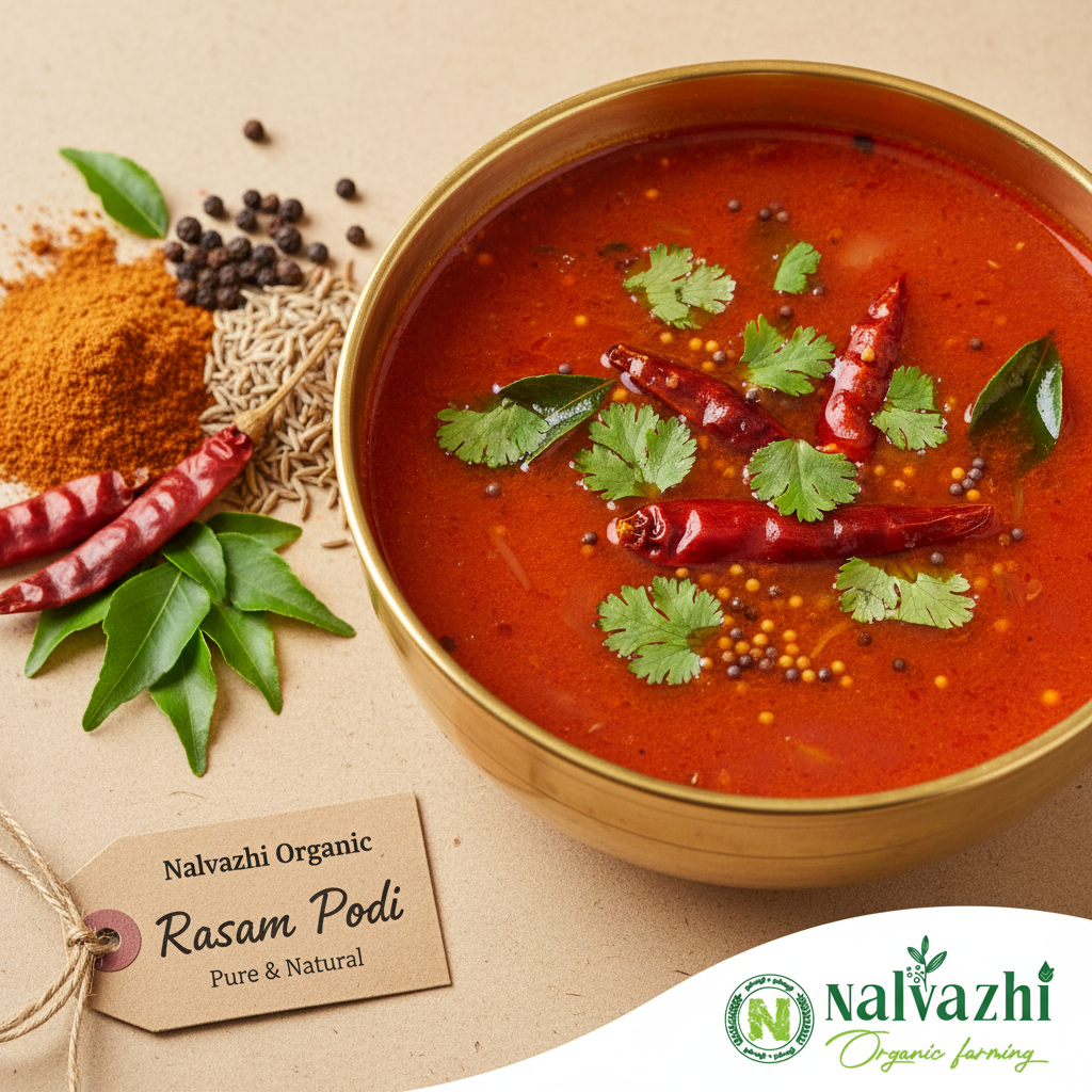 Rasam Podi with Vibrant Red South Indian Rasam by Nalvazhi Organic Farming