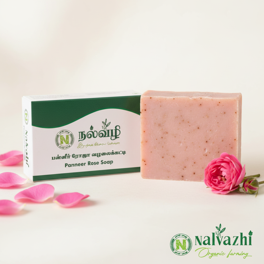 Nalvazhi Paneer Rose Soap bar with packaging box and fresh rose petals props