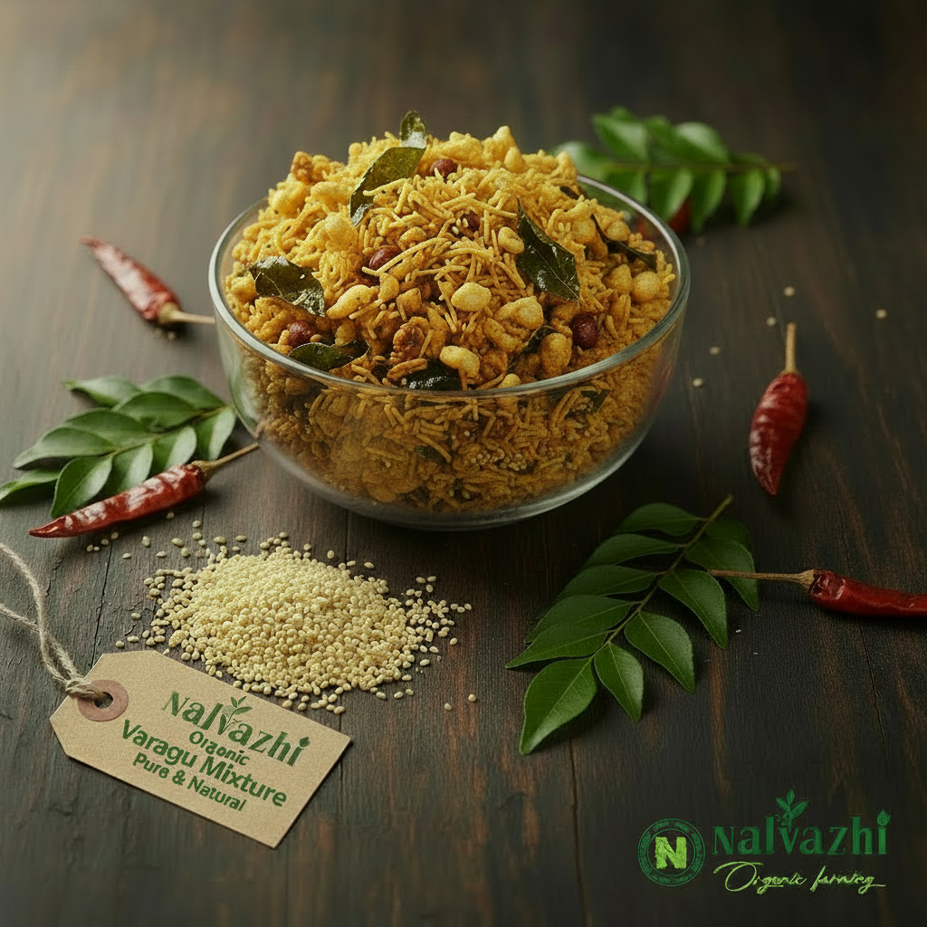 Varagu Mixture in glass bowl with kodo millet grains, curry leaves and red chillies - Nalvazhi Organic