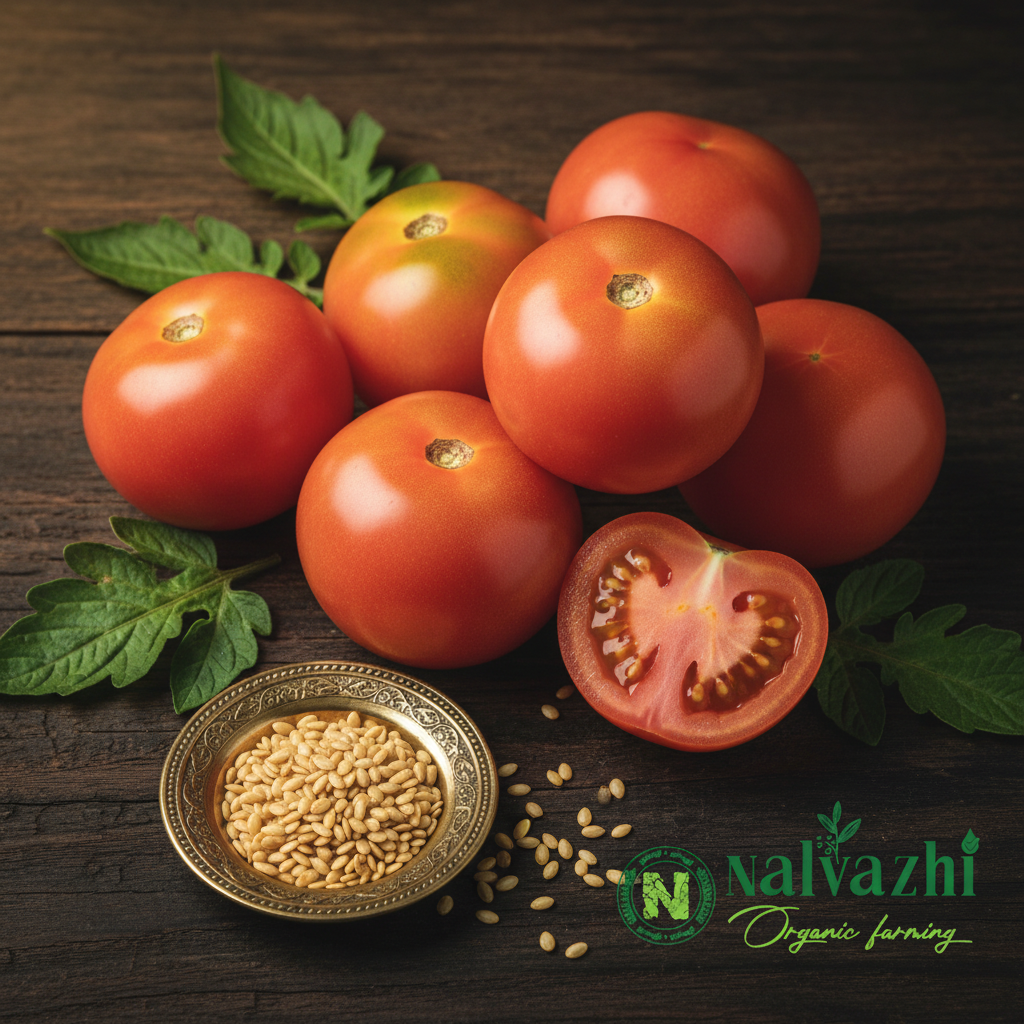 Naatu Thakkali (Native Desi Country Tomato) medium round pinkish-orange soft blush skin tomatoes with cream seeds in brass plate — Nalvazhi Organic native seeds