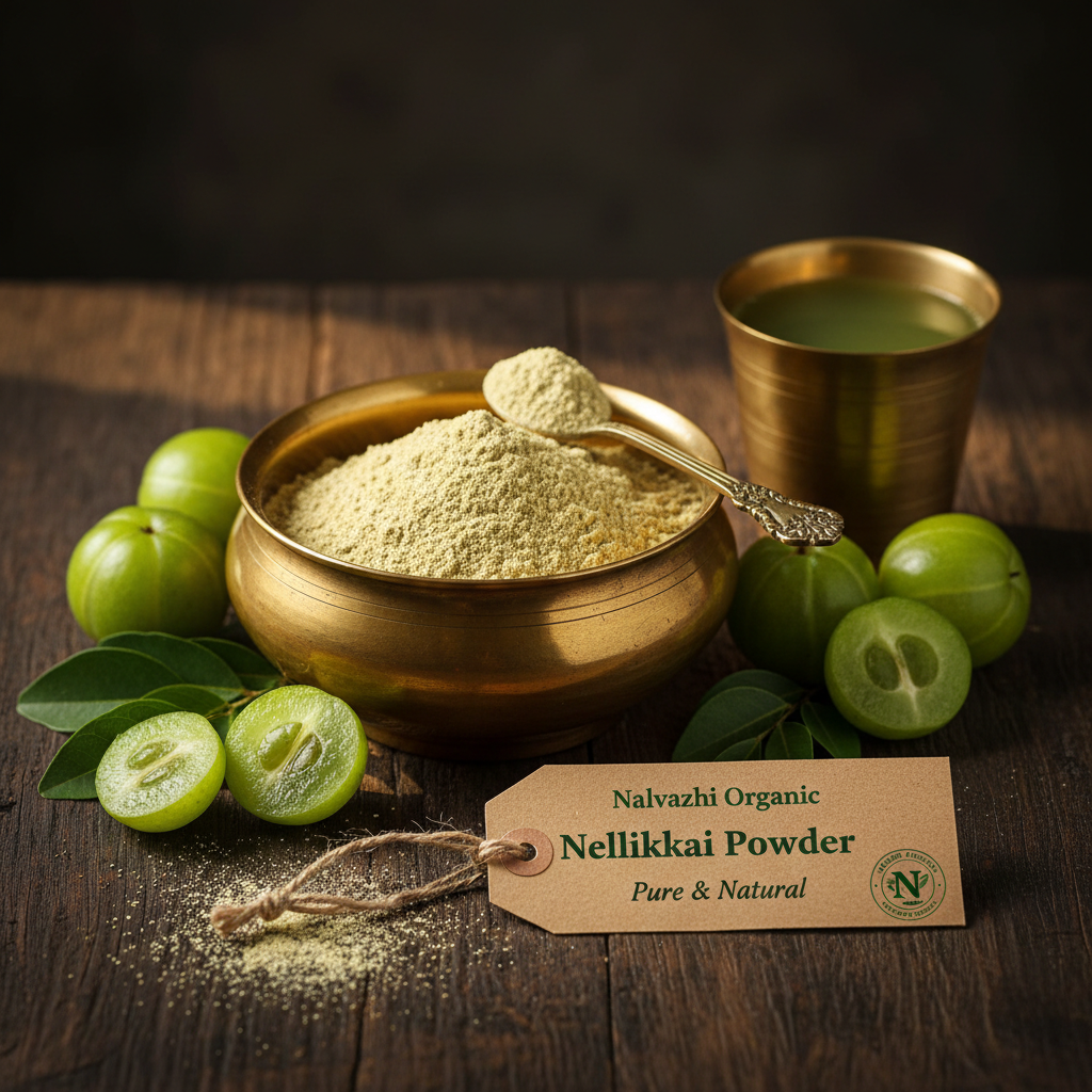 Nellikkai golden-green powder in traditional brass uruli with fresh Indian Gooseberry fruits and brass tumbler of juice
