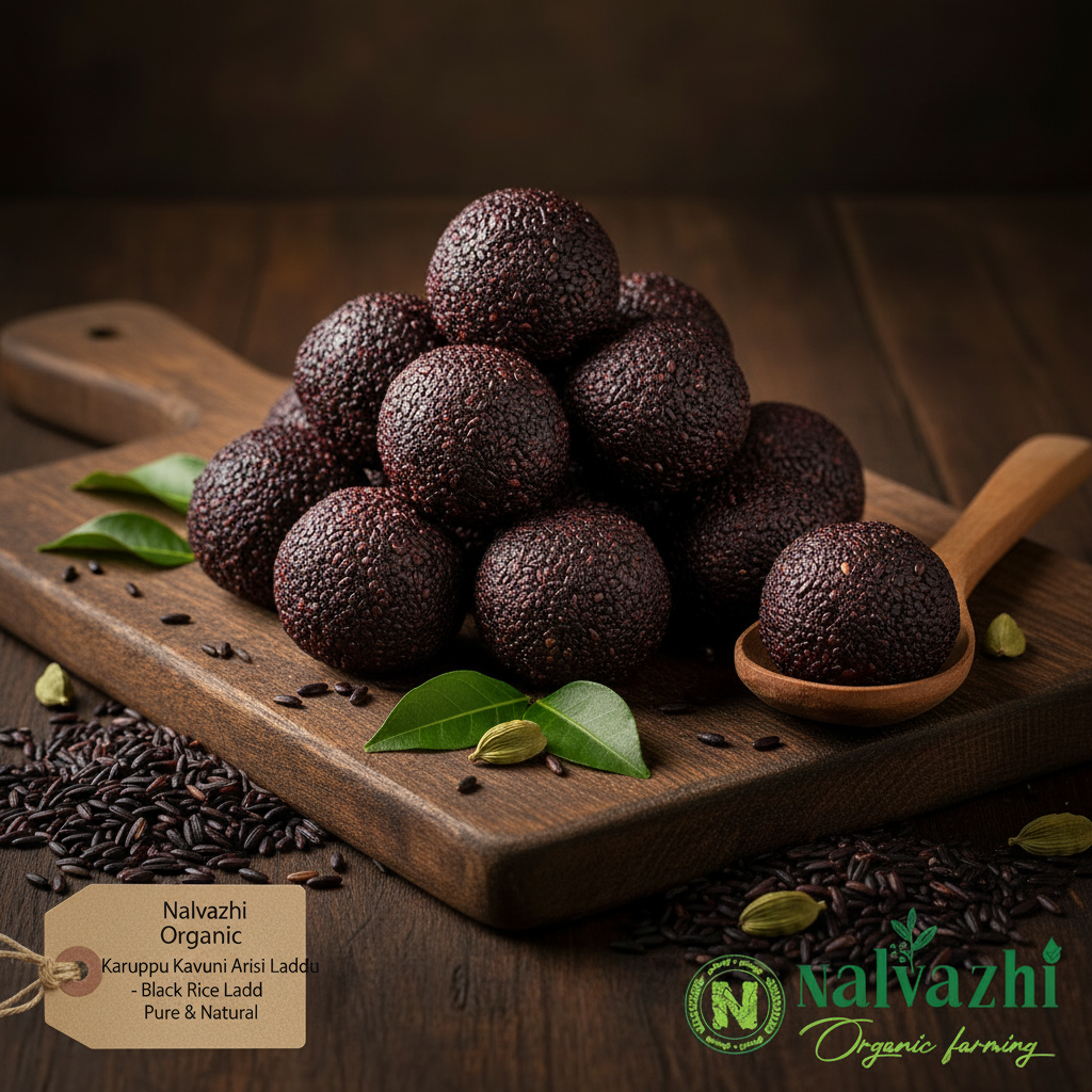 Nalvazhi Organic Karuppu Kavuni Arisi Laddu - Black Rice Laddu on dark wooden board with kraft tag and Nalvazhi logo