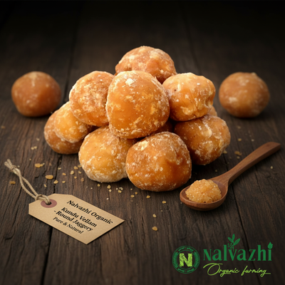 Nalvazhi Organic Kundu Vellam round jaggery balls light amber golden crystalline texture on dark wooden surface