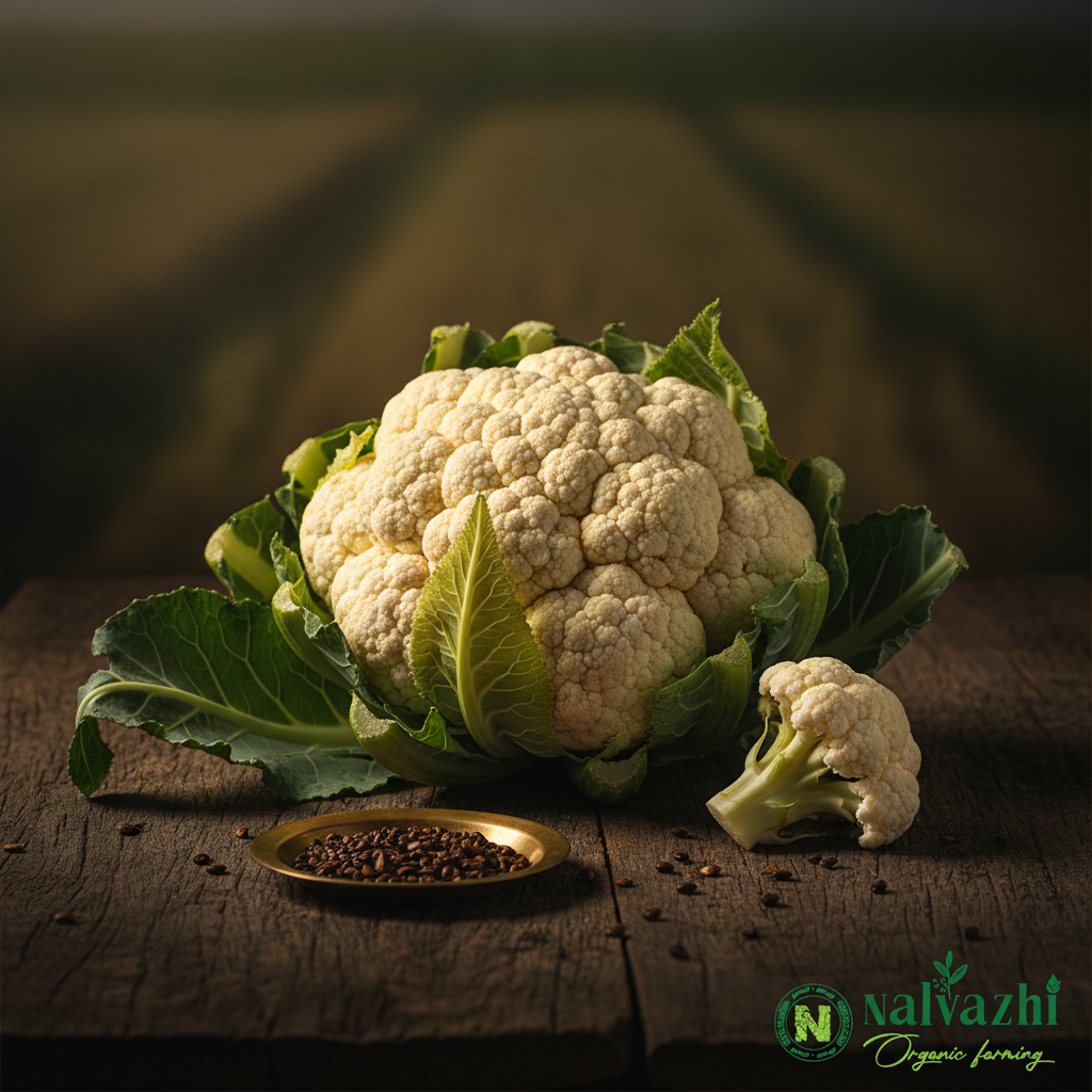 Cauliflower (Muttaikose) fresh white head with dark green leaves and tiny dark seeds in brass plate — Nalvazhi Organic native seeds