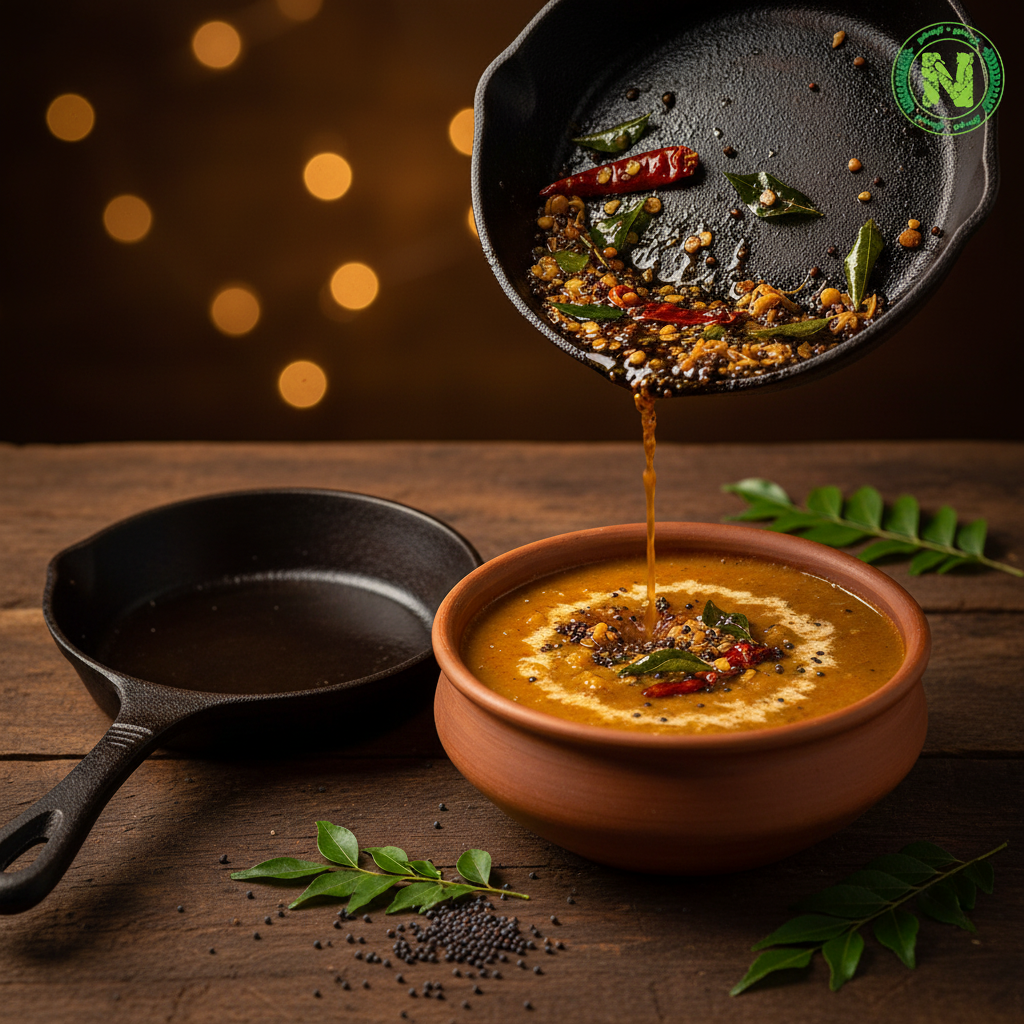 Small 5 inch cast iron frying pan with sizzling tadka - mustard seeds, curry leaves, red chilies and urad dal tempering on dark rustic wooden surface
