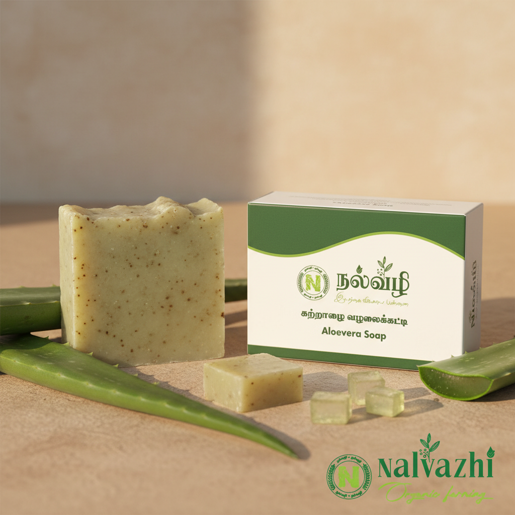 Nalvazhi Aloe Vera Soap bar with packaging box and fresh aloe vera leaves