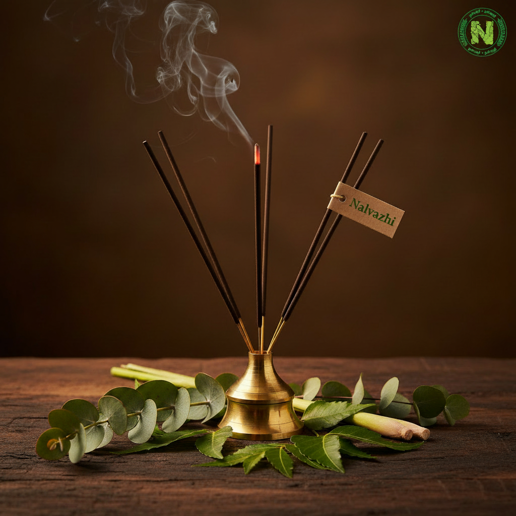 Bundle of dark brown herbal mosquito repellent agarbathi incense sticks in brass holder with smoke, eucalyptus branches, citronella, lemongrass and neem leaves on dark wooden surface