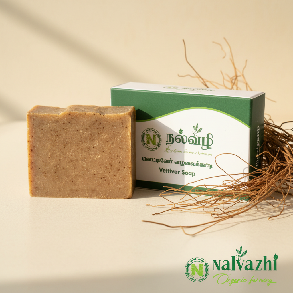 Nalvazhi Vettiver Soap bar with packaging box and dried vetiver roots props