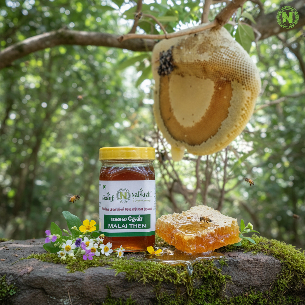 Nalvazhi Malai Then 500g jar with wild forest honeycomb background