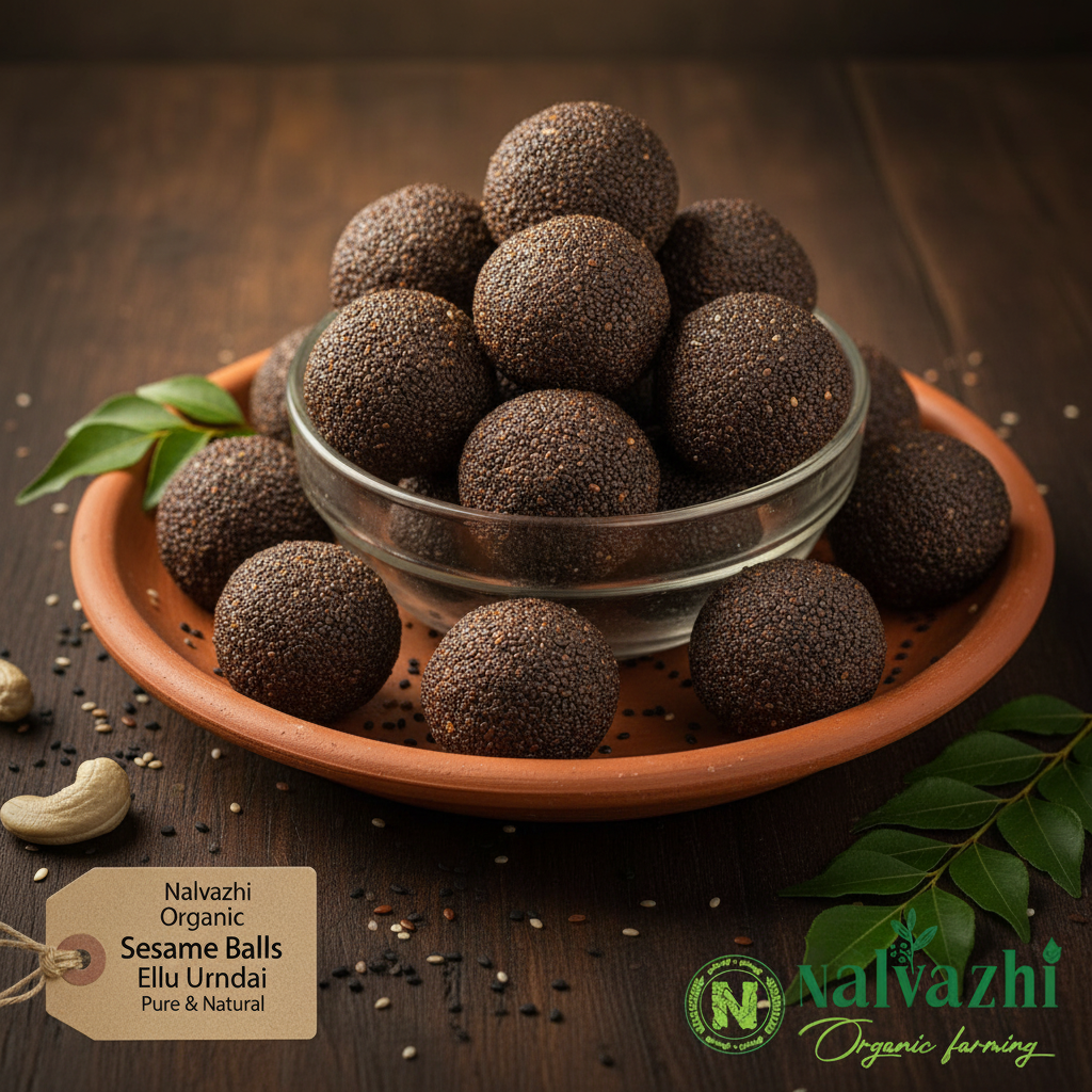 Nalvazhi Organic Sesame Balls Ellu Urundai dark brown black sesame balls in glass bowl on terracotta plate