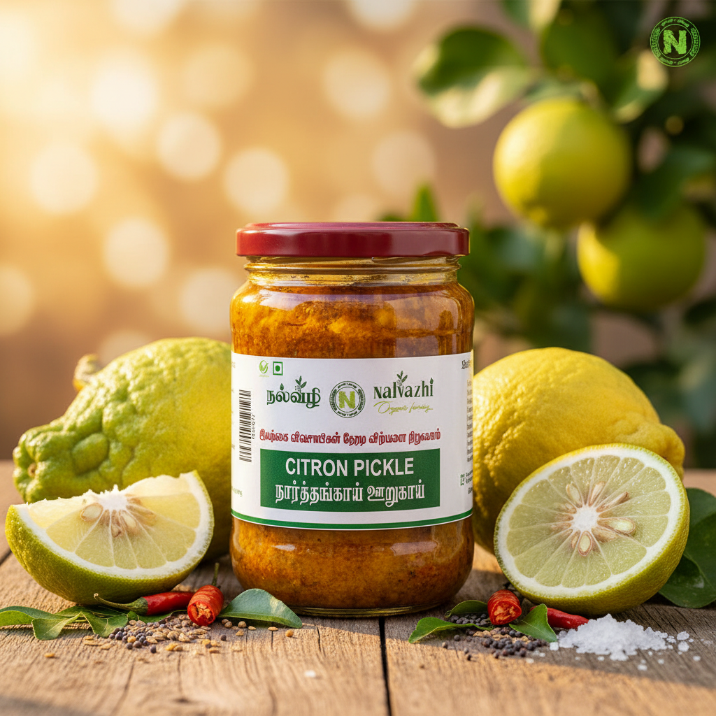 Nalvazhi Narthangai Oorugai jar with fresh citron fruits and Nalvazhi label
