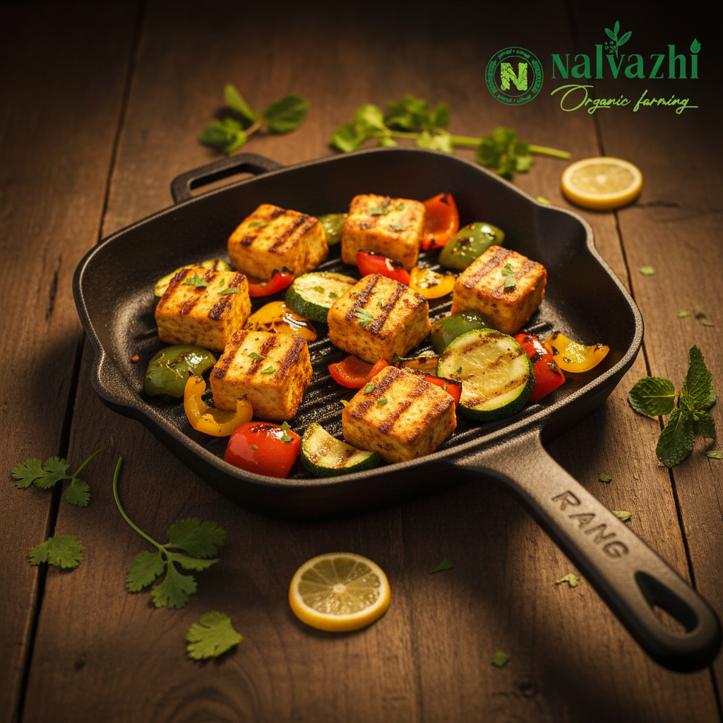 Square cast iron grill pan with paneer tikka, capsicum and zucchini showing beautiful char grill marks on dark rustic wooden surface