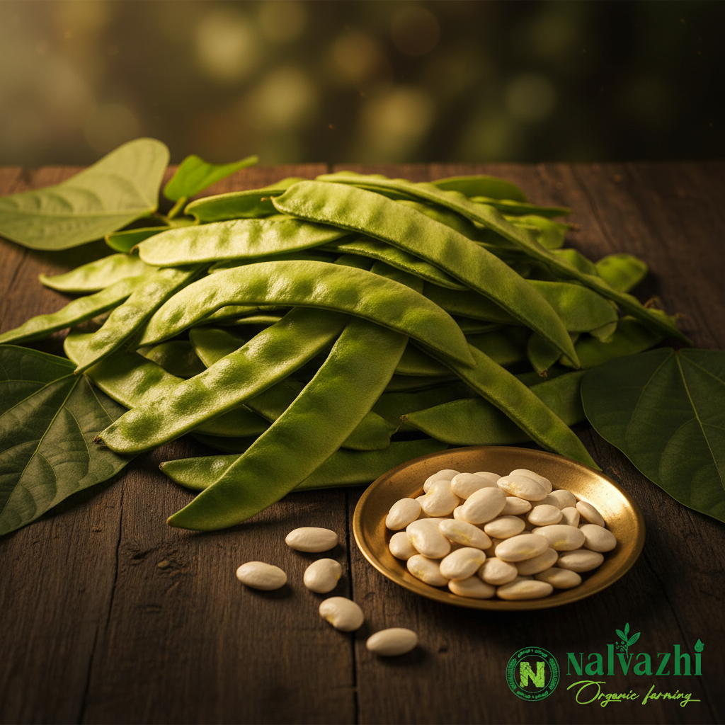 Broad Beans (Mochai) flat wide smooth bright green pods with large flat cream seeds in brass plate — Nalvazhi Organic native seeds