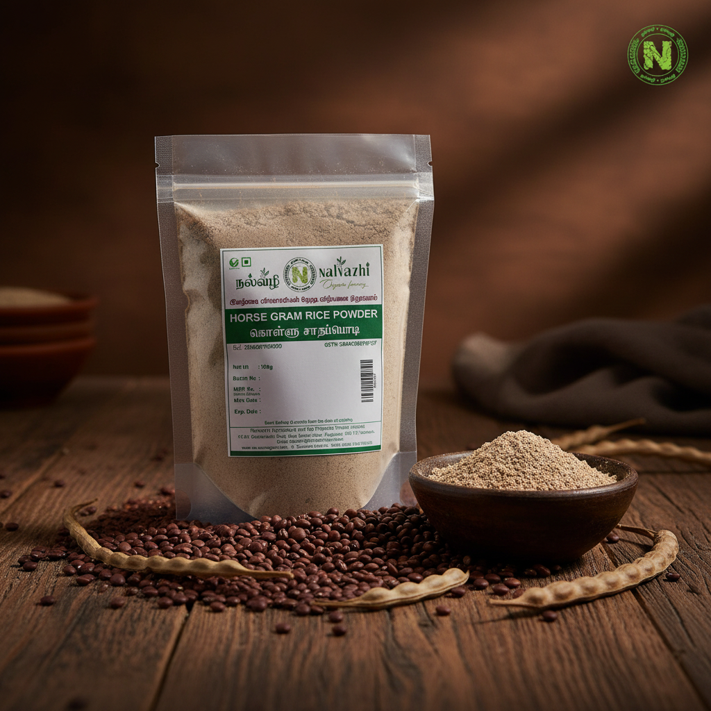 Nalvazhi Horse Gram Rice Powder packet on rustic dark wooden surface with scattered horse gram seeds and clay bowl