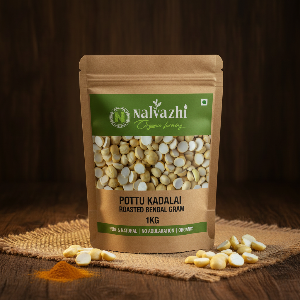 Pottu Kadalai - Organic Roasted Bengal Gram 1kg Pack by Nalvazhi Organic Farming