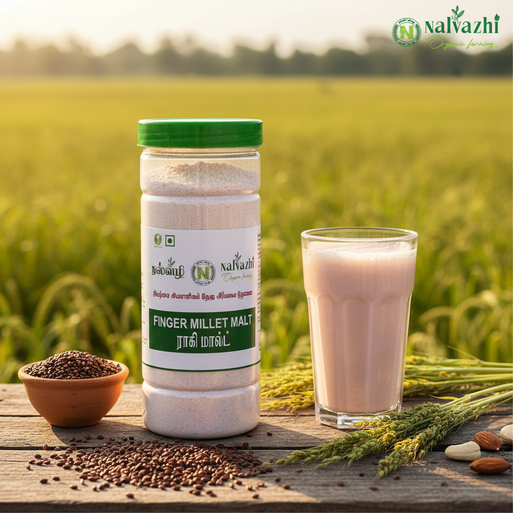 Nalvazhi Finger Millet Malt jar with ragi grains and creamy malt drink
