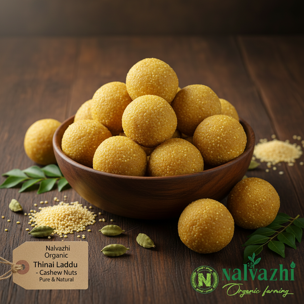 Nalvazhi Organic Thinai Laddu Foxtail Millet Laddu golden balls in dark wooden bowl