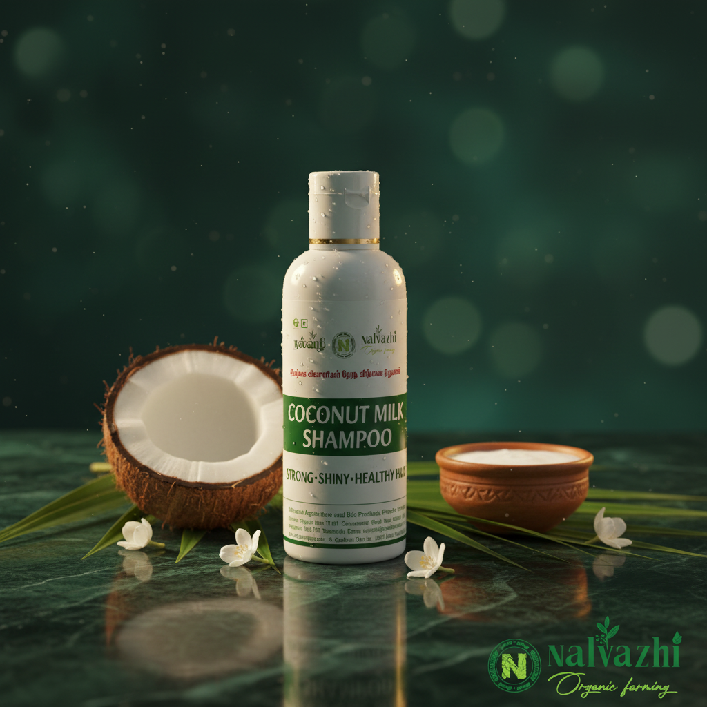 Nalvazhi Coconut Milk Shampoo white flip cap bottle on dark emerald green marble with fresh halved coconut coconut milk clay bowl and jasmine flowers