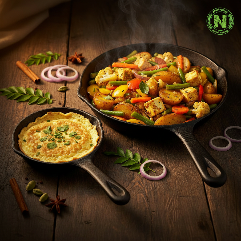 Small 5 inch cast iron pan with golden omelette and large 10 inch cast iron pan with colorful vegetable stir fry on dark rustic wooden surface