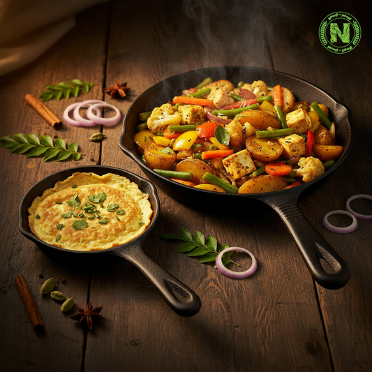Small 5 inch cast iron pan with golden omelette and large 10 inch cast iron pan with colorful vegetable stir fry on dark rustic wooden surface