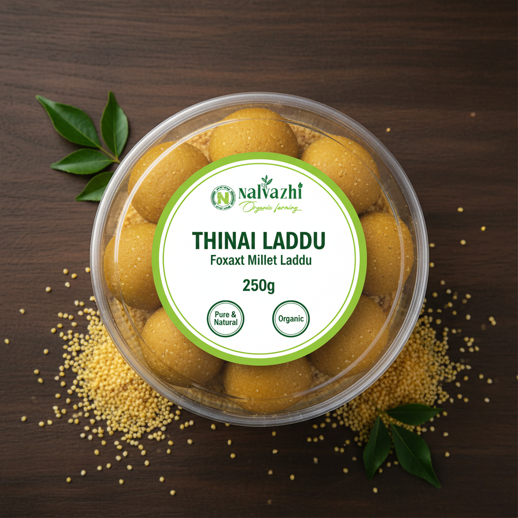 Nalvazhi Organic Thinai Laddu 250gm transparent round box with white label