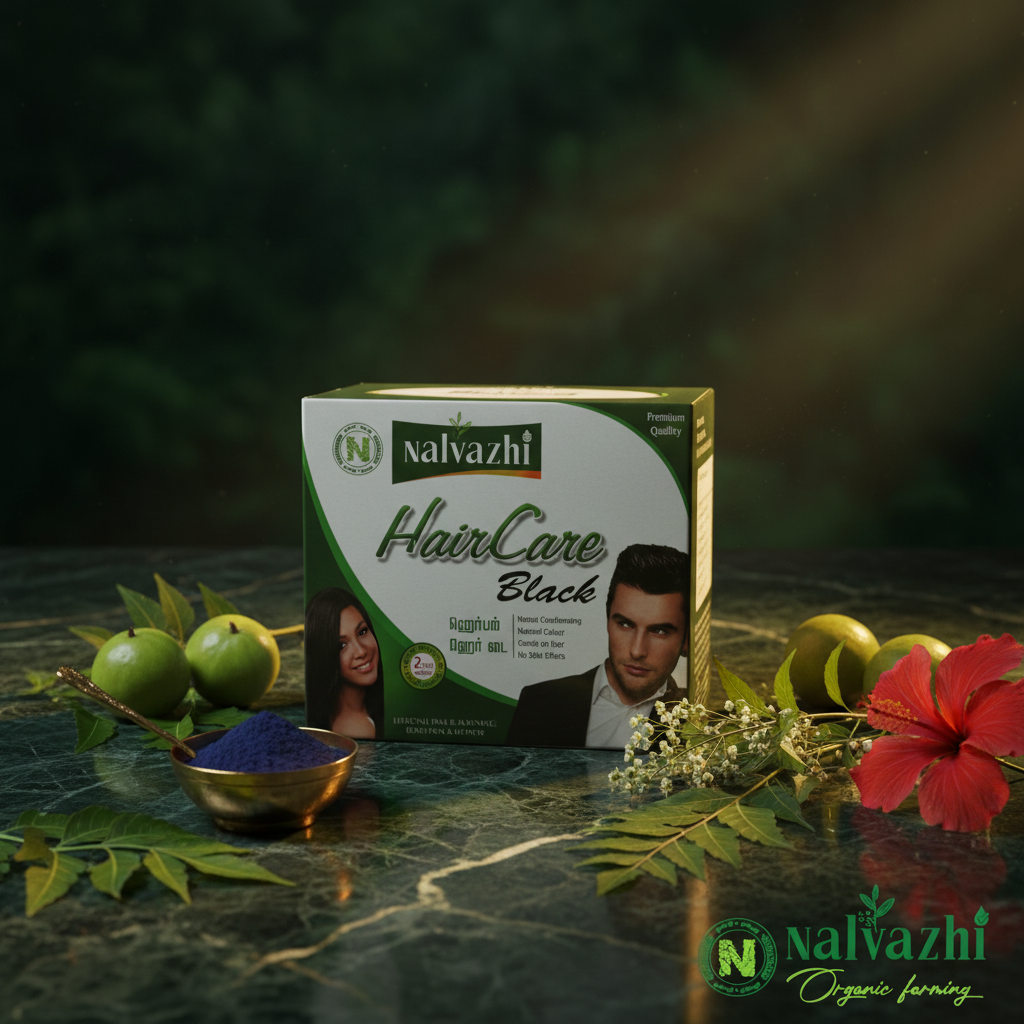 Nalvazhi HairCare Black herbal hair dye box on dark green marble with henna leaves indigo powder amla bhringraj hibiscus and neem leaves cinematic lighting