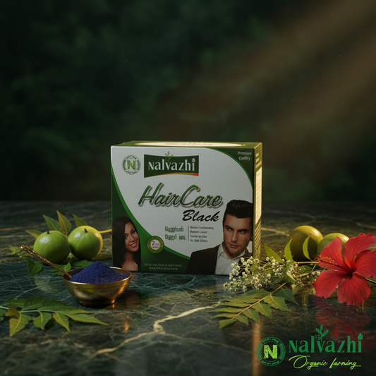 Nalvazhi HairCare Black herbal hair dye box on dark green marble with henna leaves indigo powder amla bhringraj hibiscus and neem leaves cinematic lighting