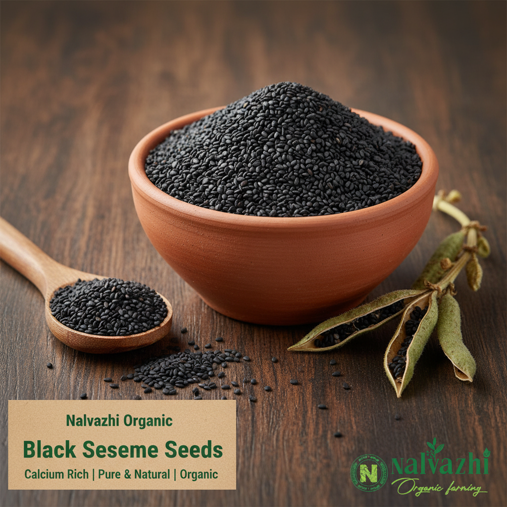 Black Sesame Seeds in clay bowl with sesame plant - Nalvazhi Organic
