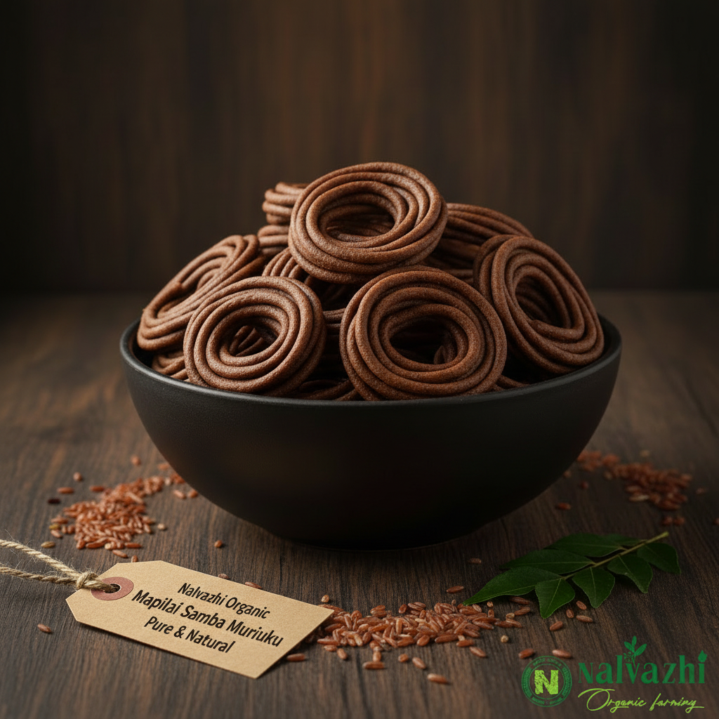 Nalvazhi Organic Mapilai Samba Murukku dark brown spiral murukku in black ceramic bowl on dark wooden table with Mapilai Samba rice grains