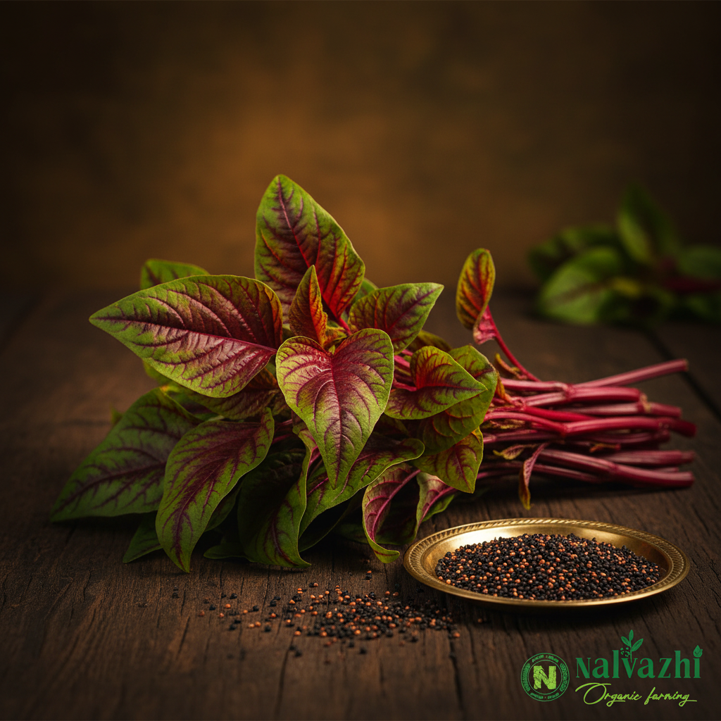 Red Spinach (Sivappu Keerai / Red Amaranth) deep magenta-red and green bicolor leaves on reddish stems with tiny black seeds in brass plate — Nalvazhi Organic native seeds