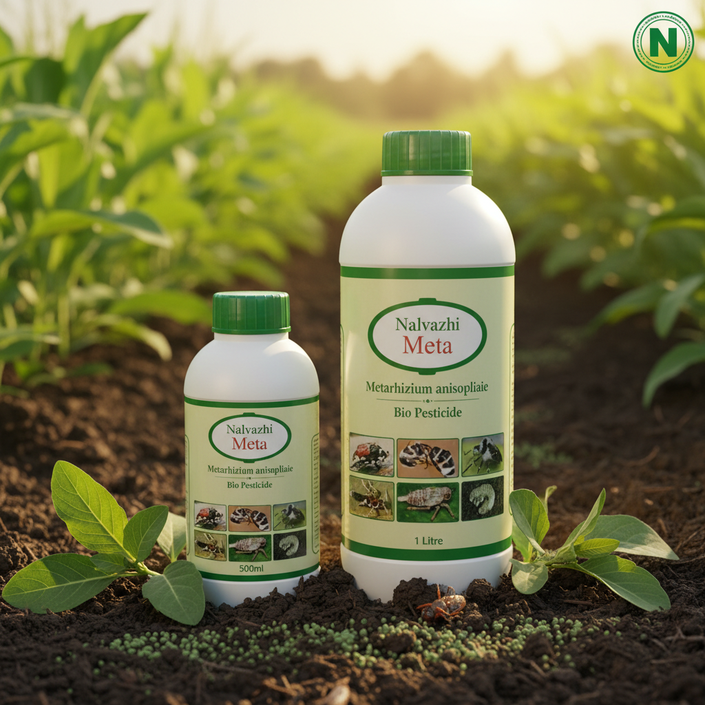 Nalvazhi Metarhizium anisopliae Bio Pesticide - 500ml and 1 litre bottles combined on farm soil