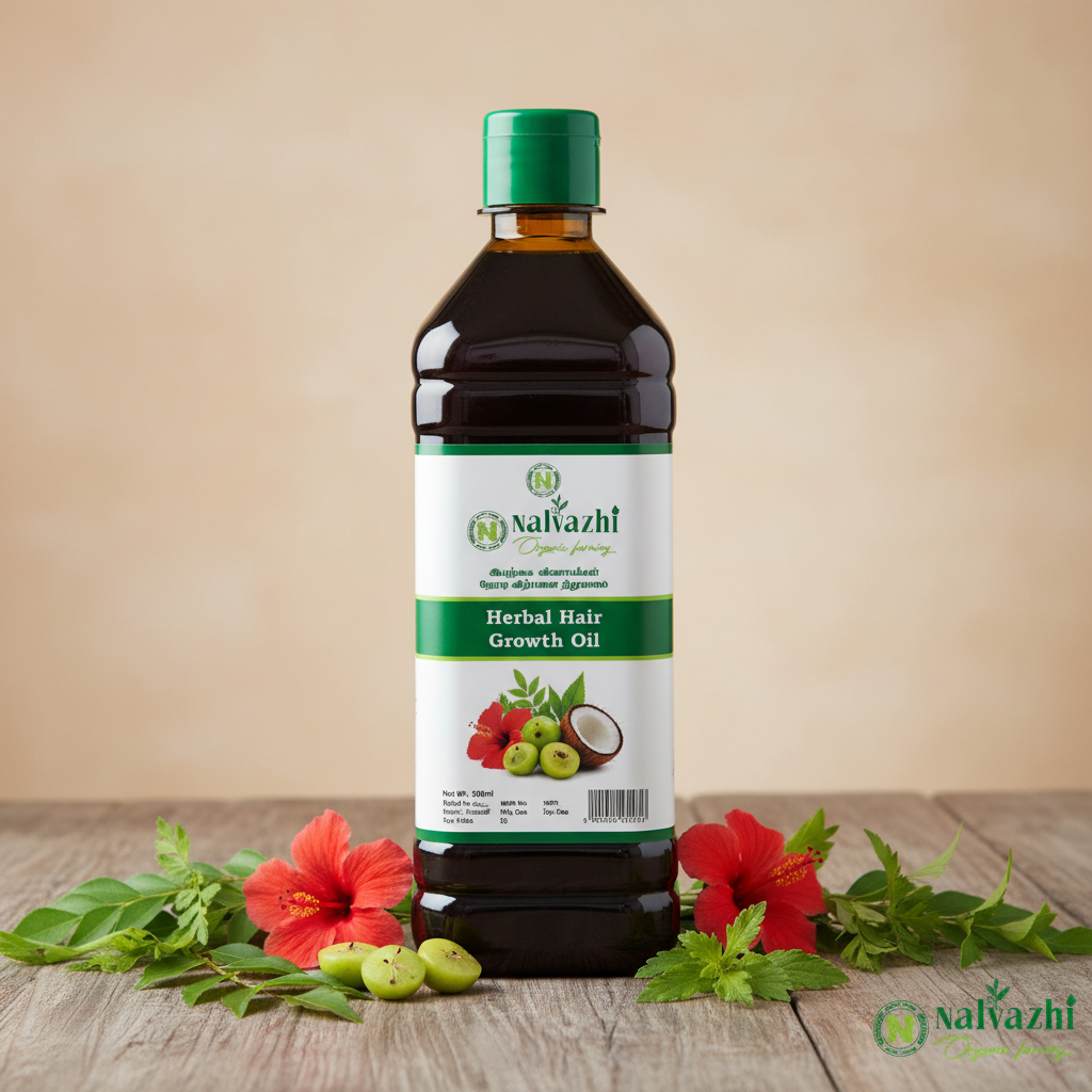 Nalvazhi Herbal Hair Growth Oil 500ml tall bottle with herbal ingredients