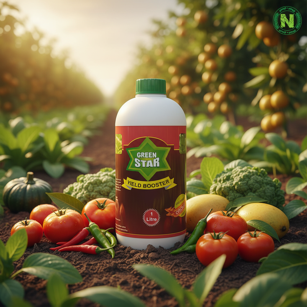 Nalvazhi Green Star Yield Booster 1 litre bottle on fertile soil with ripe fruits and farm background
