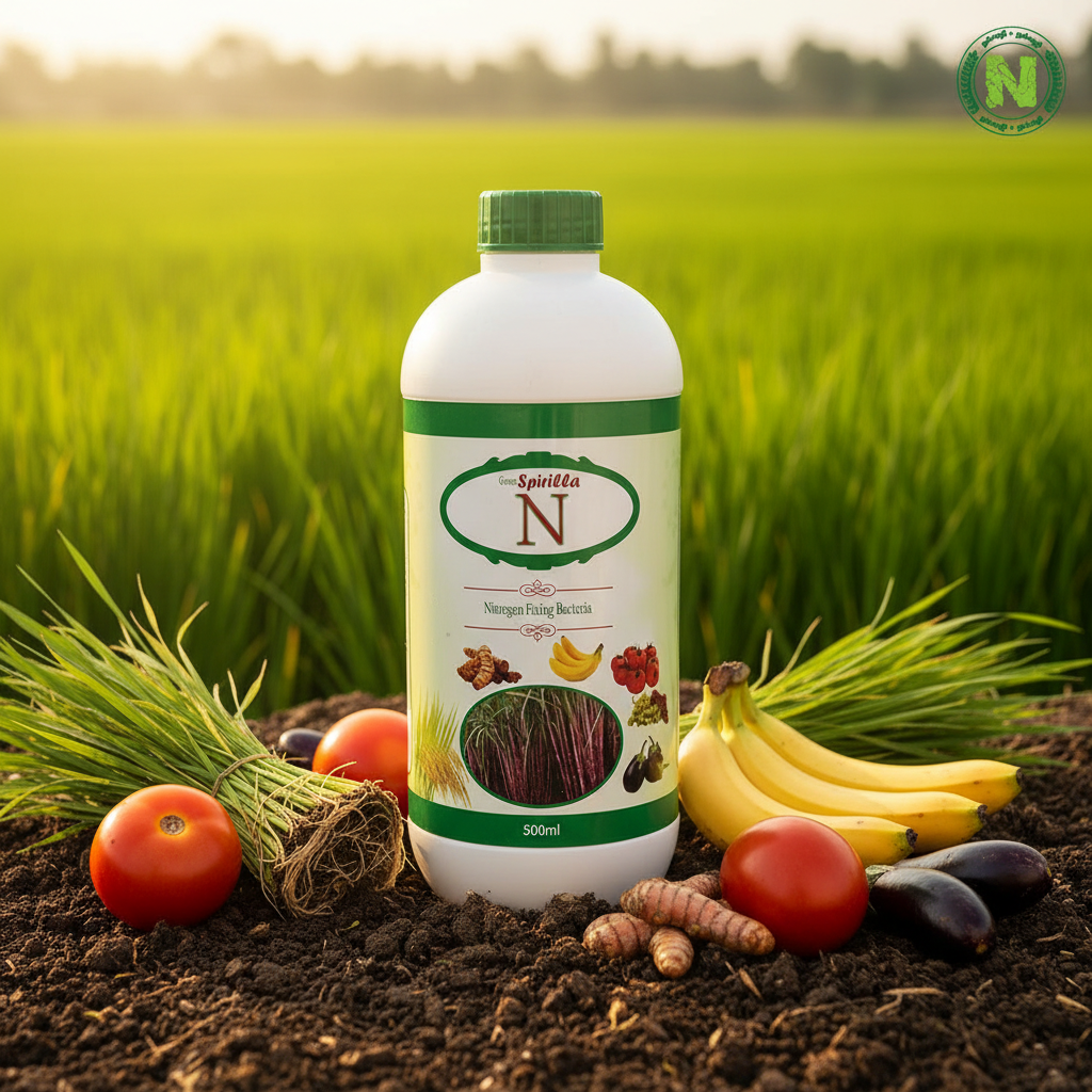 Nalvazhi Green Spirilla N Azospirillum Nitrogen Fixing Bio Fertilizer 500ml bottle on fertile soil with paddy field background