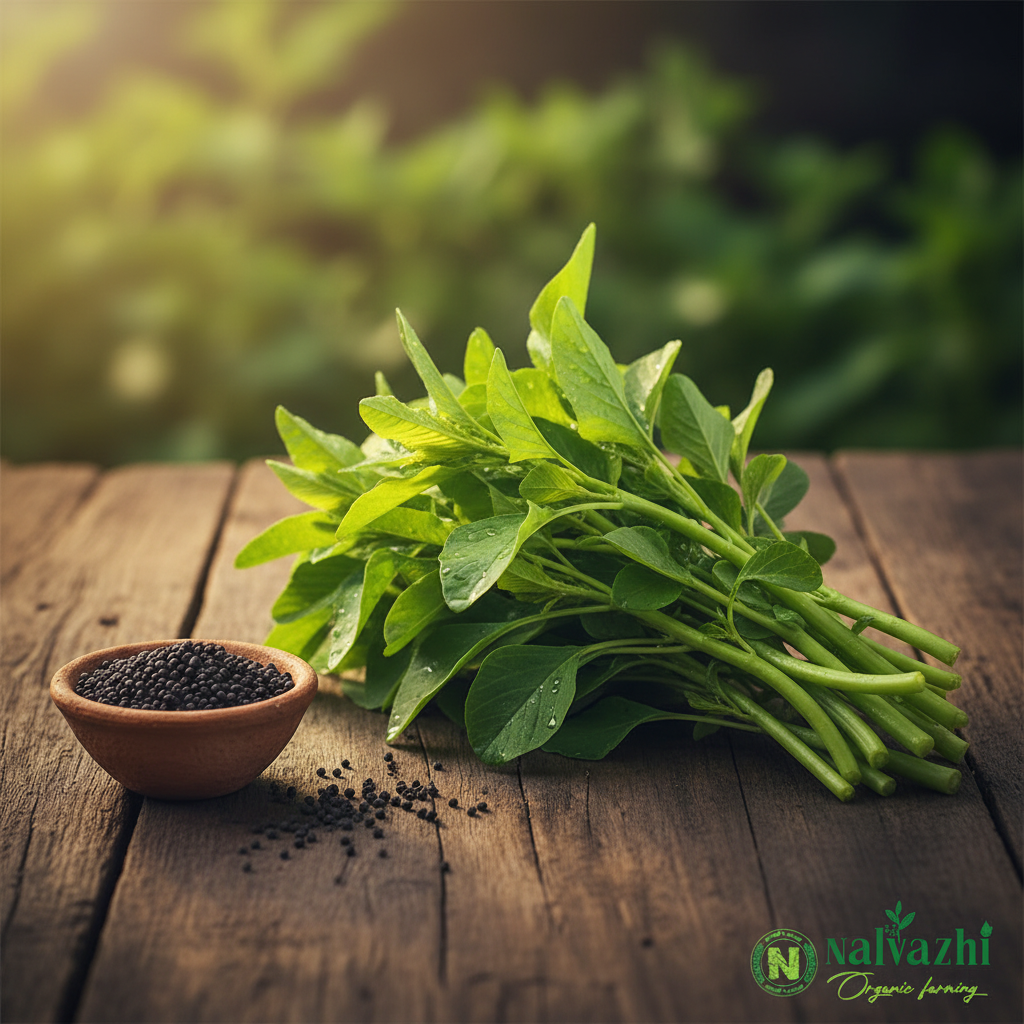 Pachai Thandu Keerai (Green Stem Amaranth) with fresh green stems and tiny black seeds — Nalvazhi Organic native seeds