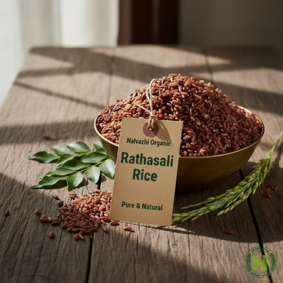 Rathasali red rice in brass bowl with Nalvazhi logo and product tag
