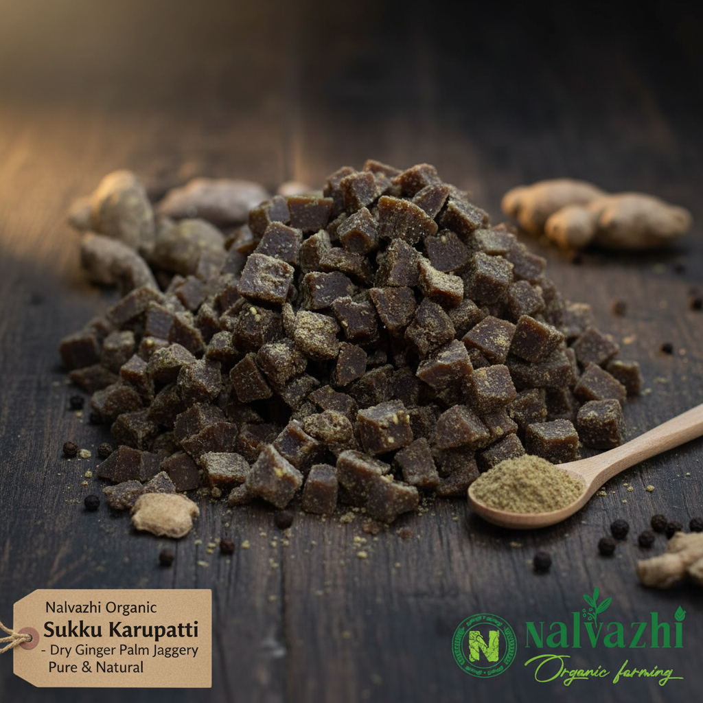 Nalvazhi Organic Sukku Karupatti small dark brown black cube pieces with speckled ginger pepper coating on dark wooden surface