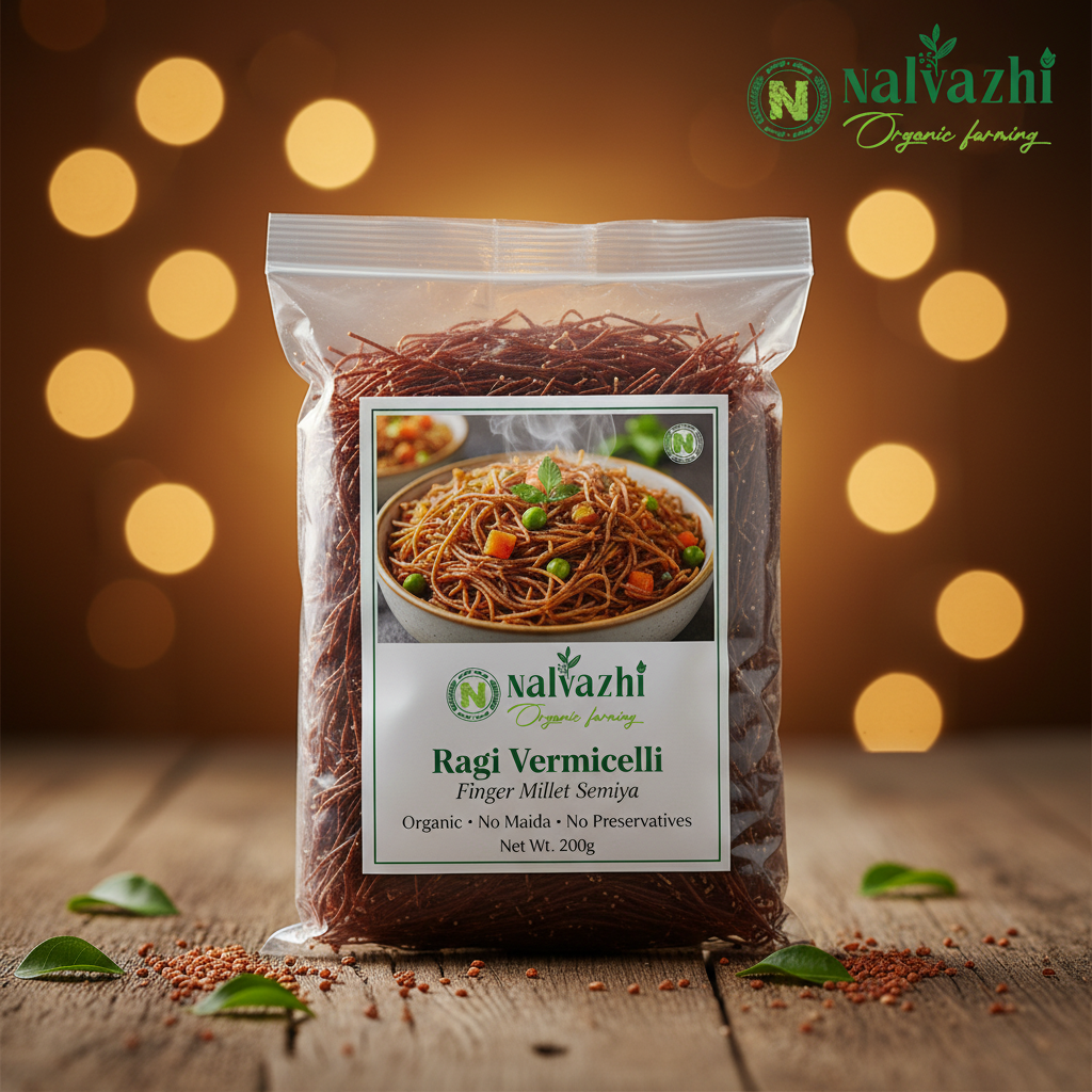 Ragi Finger Millet Vermicelli in clear packet with Nalvazhi branded sticker showing cooked semiya
