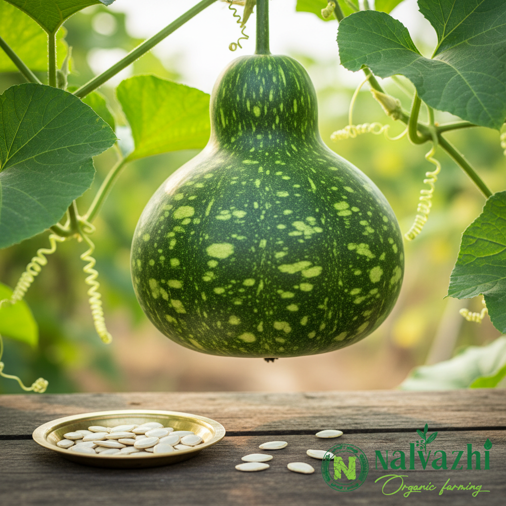 Round Bottle Gourd (Surai) pear-shaped hanging on vine in natural daylight with white seeds in brass plate — Nalvazhi Organic native seeds