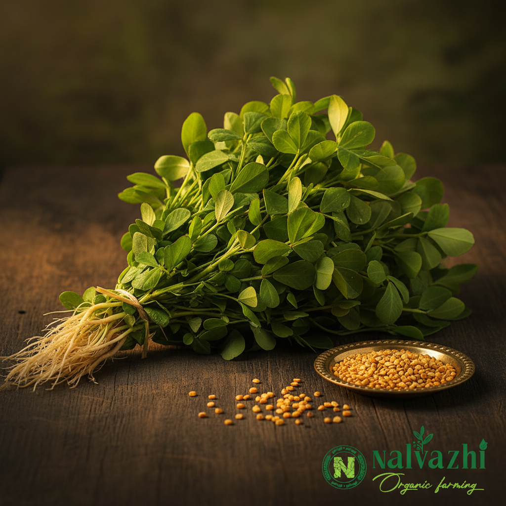 Venthaya Keerai (Fenugreek Leaves) large lush bundle tied at roots with golden fenugreek seeds in brass plate — Nalvazhi Organic native seeds