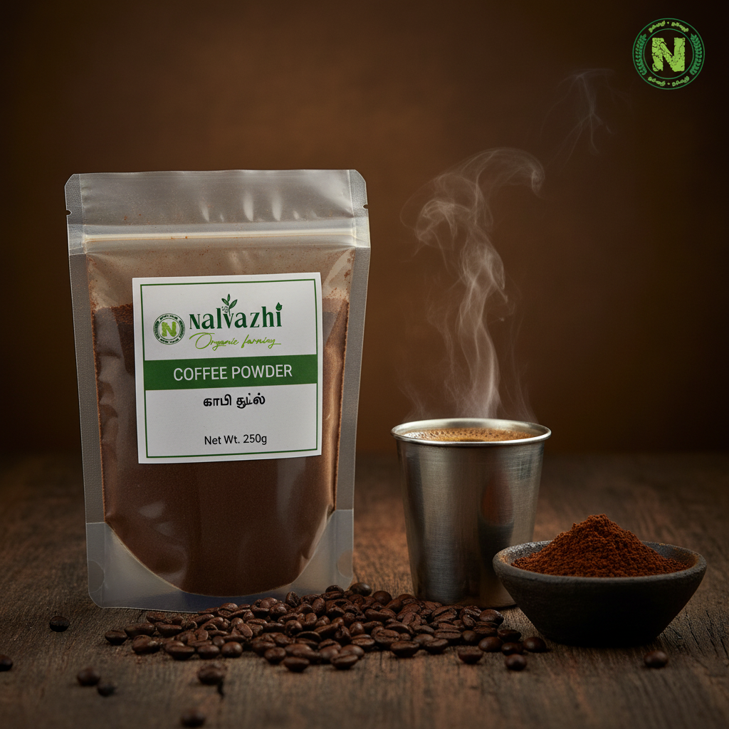 Nalvazhi Coffee Powder 250g packet on rustic dark wooden surface with roasted coffee beans and filter kaapi tumbler