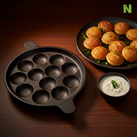 Cast Iron Paniyarakal 12 Pit with Paniyarams on Serving Plate - Nalvazhi Organic