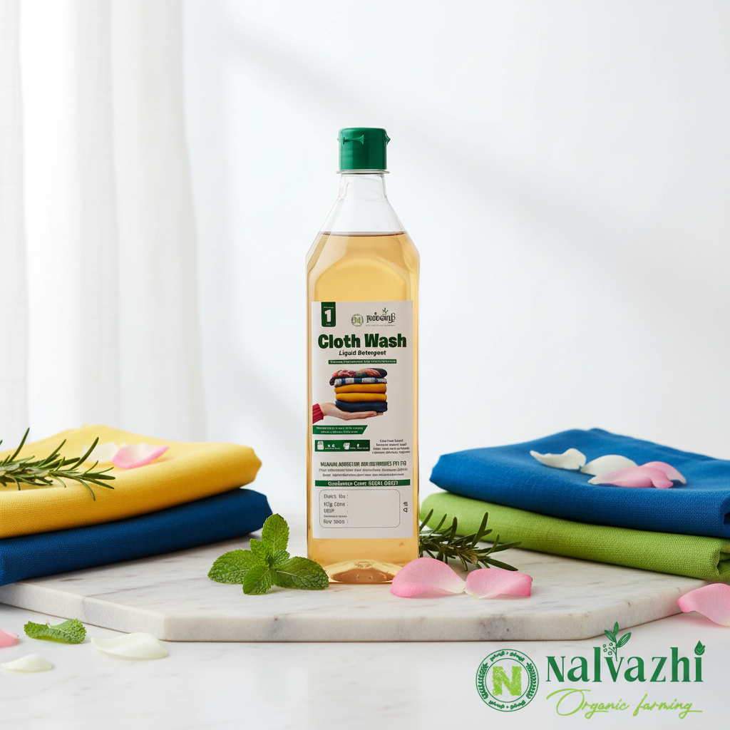 Nalvazhi Cloth Wash Liquid Detergent bottle with colorful folded clothes and herbs