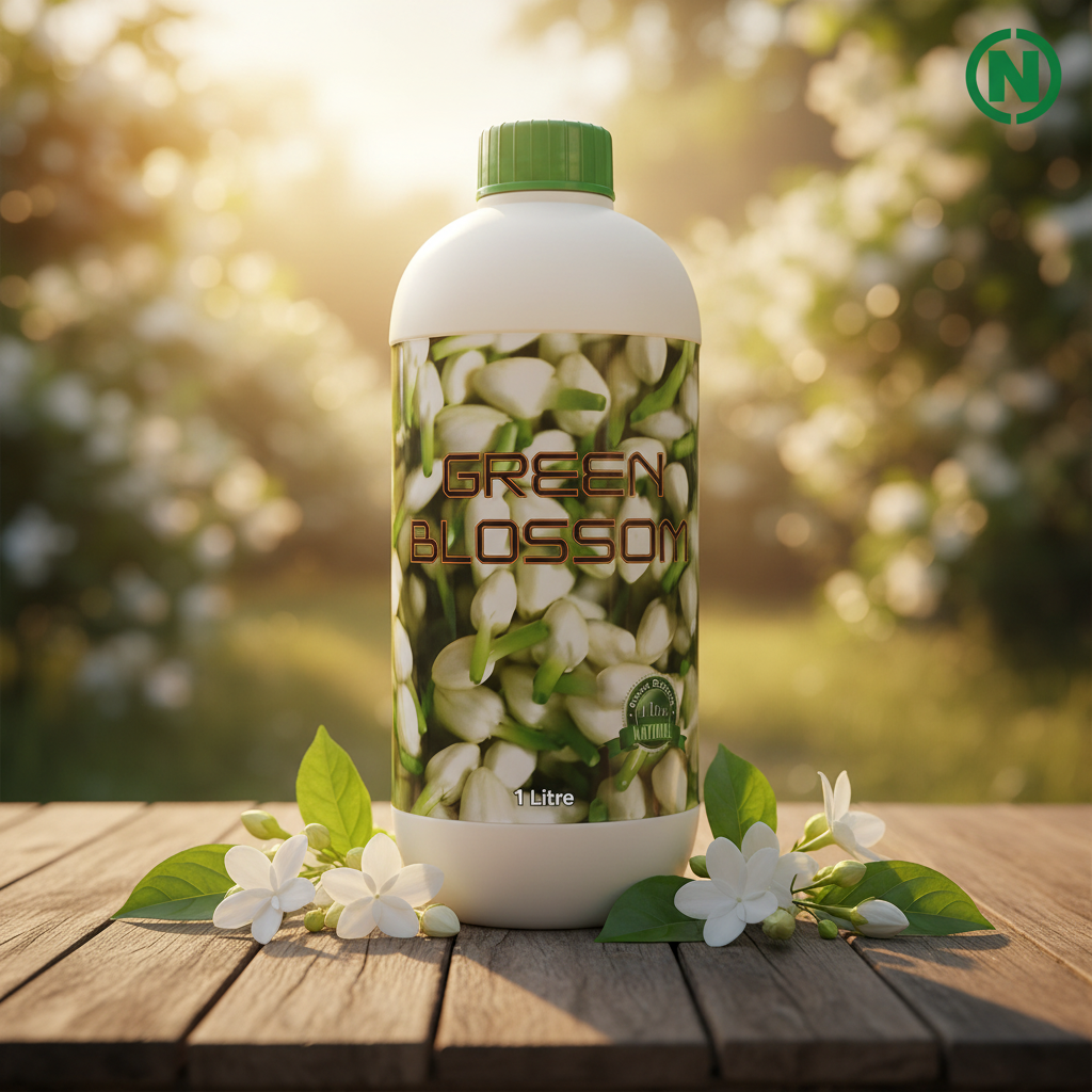 Nalvazhi Green Blossom Bio Stimulant 1 litre bottle with jasmine flower label on wooden surface