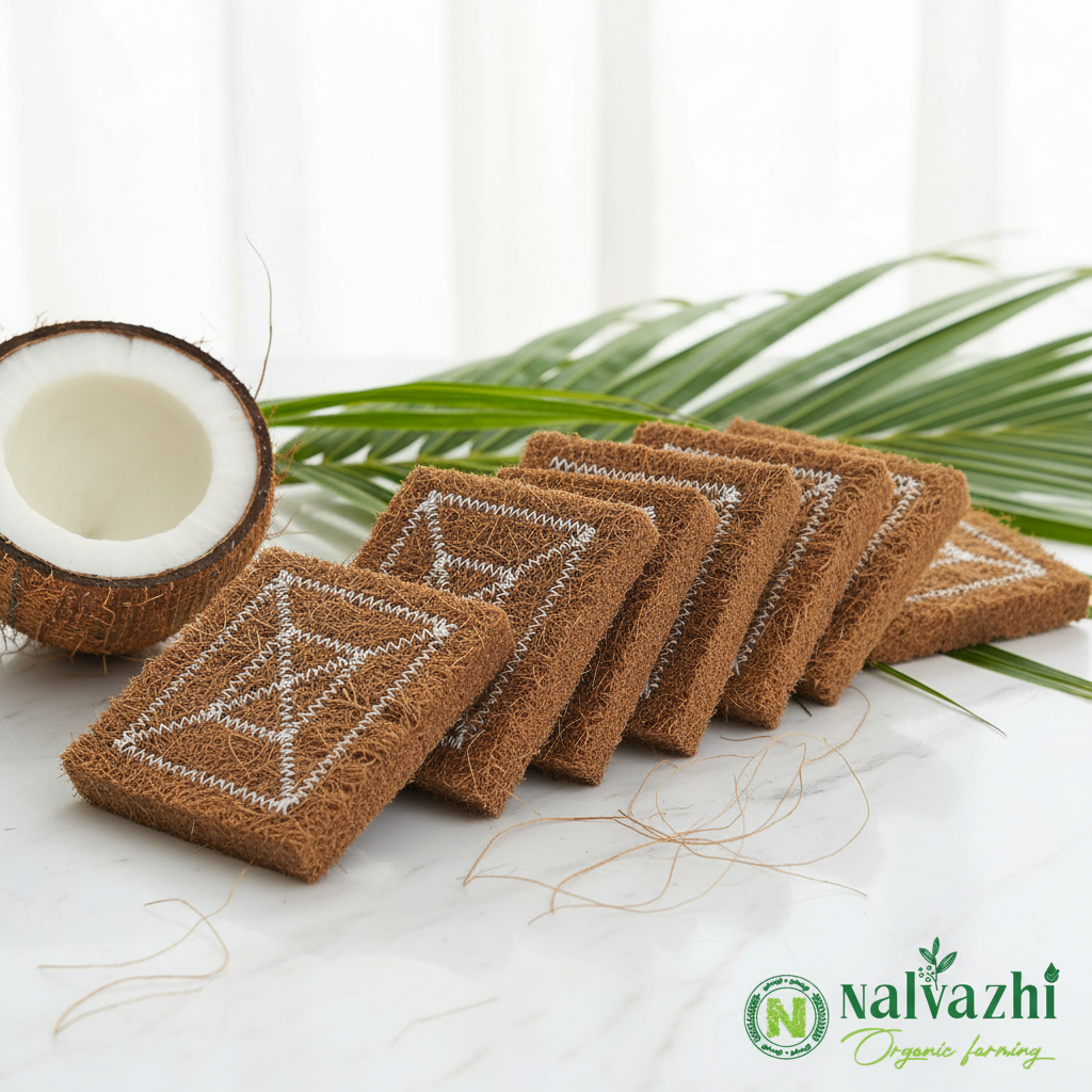 Nalvazhi Coconut Coir Scrub multiple scrubbers arranged in a row showing brown coir fibre texture with white zigzag grid stitching pattern on white marble with halved coconut and green coconut leaves