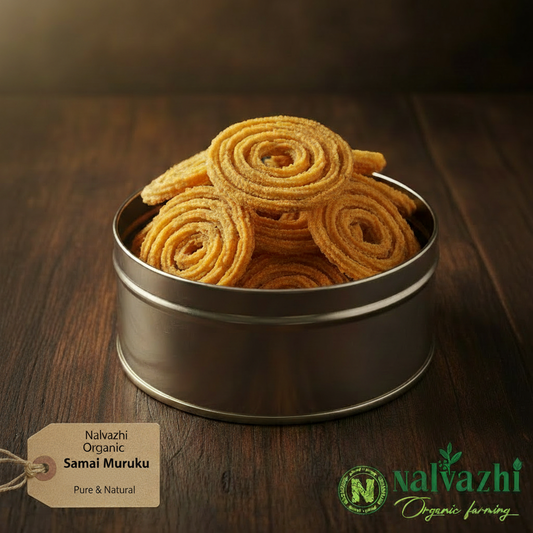 Nalvazhi Organic Samai Muruku golden spiral murukku in silver steel tin on dark wooden table