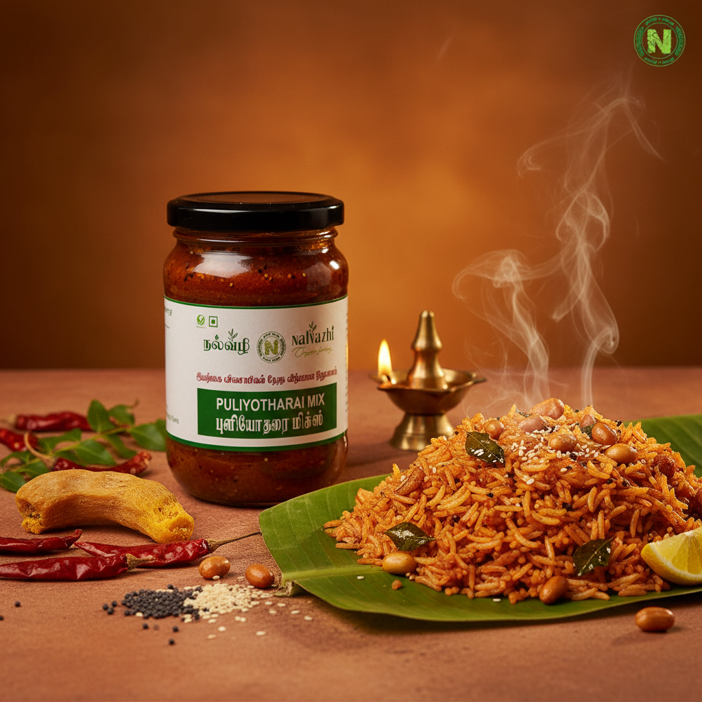 Nalvazhi Puliyotharai Mix glass jar with vibrant tamarind rice on banana leaf garnished with peanuts and curry leaves