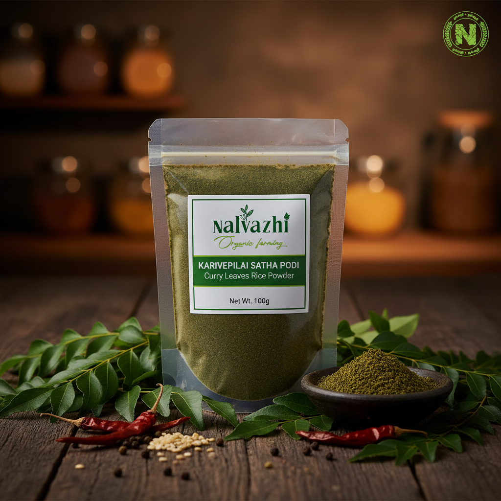 Nalvazhi Curry Leaves Rice Powder packet on rustic dark wooden surface with fresh curry leaves and clay bowl