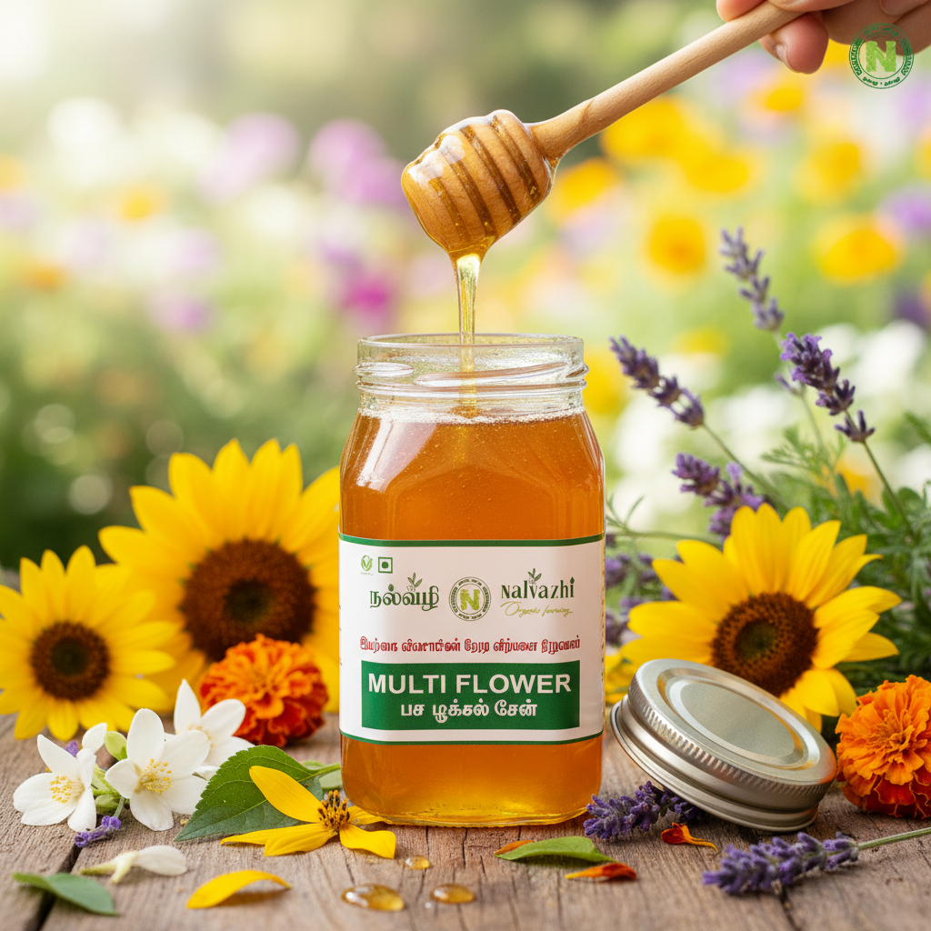 Nalvazhi Multi Flower Honey - open jar with honey dipper dripping golden honey surrounded by wildflowers