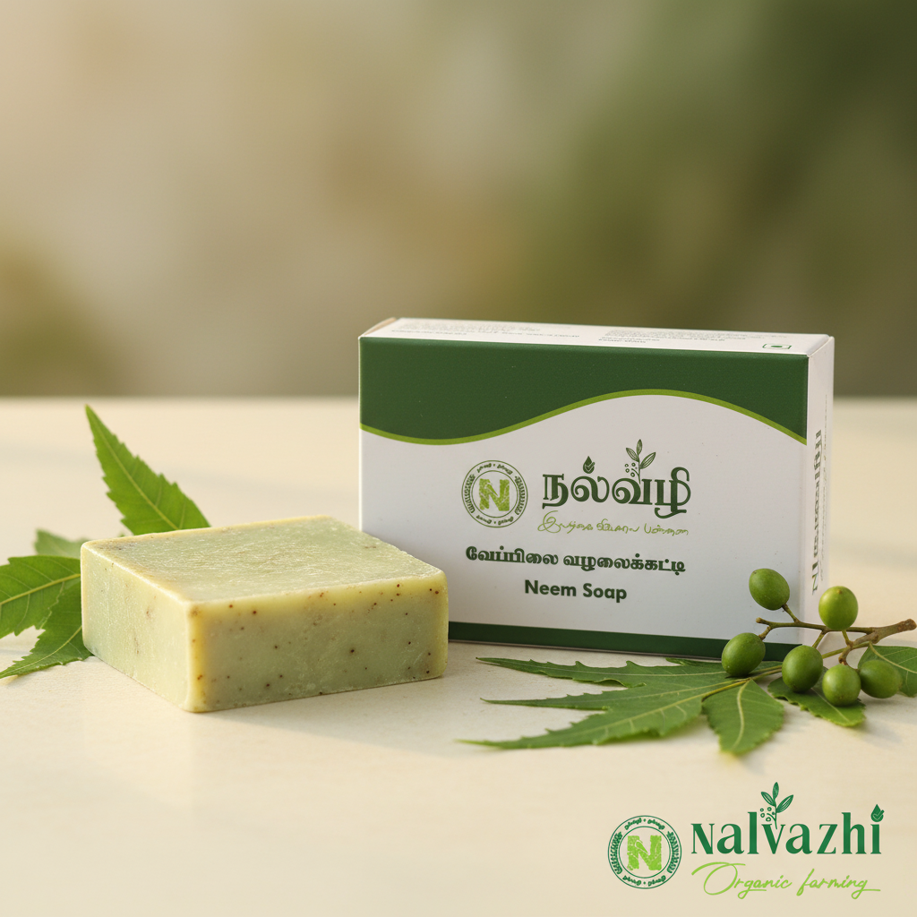 Nalvazhi Neem Soap bar with packaging box and fresh neem leaves props
